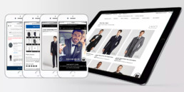 Mobile and tablet design of Men's Wearhouse Tuxedo rental branding and web design experience showing four phones and one tablet device.