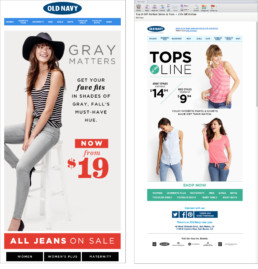 Old Navy email promotional design, Gray Matters and Tops of the Line.