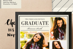 Closeup of Shutterfly graduation card design with three photos of graduate on the cover.