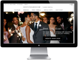 Homepage design displayed on computer for Men's Wearhouse tuxedo rental website, branding, and user experience.