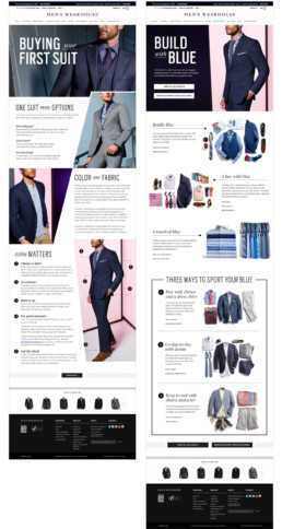 Landing page design and copywriting of for Men's Wearhouse advertising buying your first suit and build with blue.