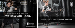 Undisputed Boxing Gym promotional advertising showing woman punching and kicking heavy bag. Come As You Are. Leave As A Champ. It's Not Just How You Look. It's How You Hook.