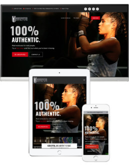 Undisputed Boxing Gym user experience and website design. Desktop, tablet and mobile design with athlete holding medicine ball and doing situps.
