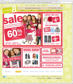 Crazy8 homepage design with group of kids and sale messaging.