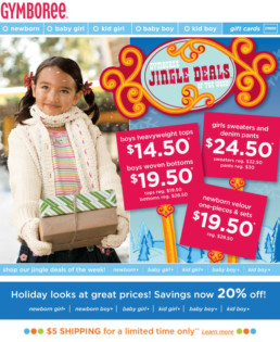 Jingle Deals of the Week email with girl holding gift.