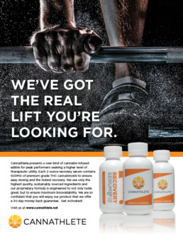 Cannathlete advertising poster design concept showing weightlifter holding barbell. We've Got The Real Lift You're Looking For..