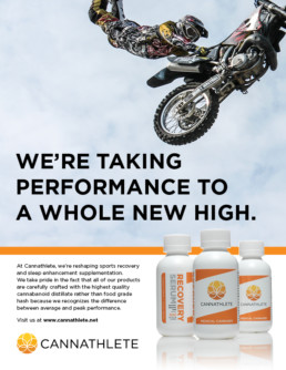 Cannathlete advertising poster design concept with motorcycle stunt. We're Taking Performance to a Whole New High.