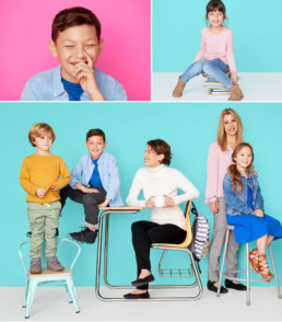 Epic! photography retouching showing kids and teacher with colorful backdrop.